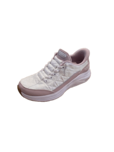 Baskets Skechers Arch Fit blanches et mauves pour femme avec dessus matelassé et semelle épaisse confortable.