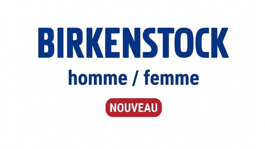 Logo Birkenstock bleu avec mention homme / femme et badge rouge Nouveau sur fond blanc.