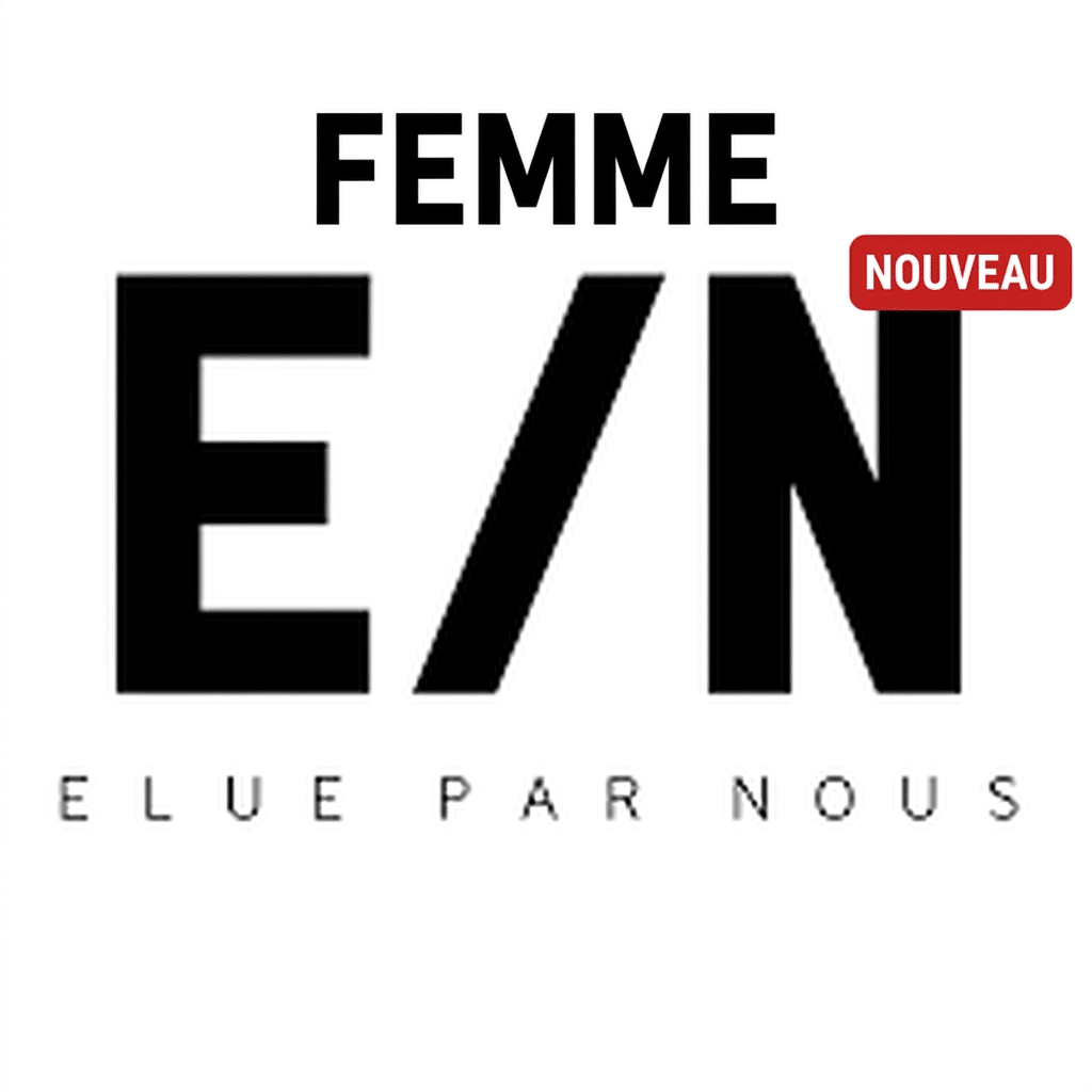 Logo Femme E/N Elue par nous en noir et blanc avec étiquette rouge Nouveau. Style moderne et minimaliste.
