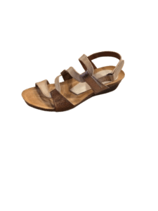 Sandale compensée pour femme à brides croisées bronze et beige, semelle confort aspect liège.