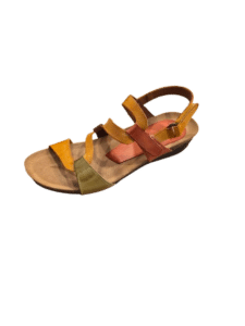 Sandale femme à multiples brides multicolores en cuir jaune, orange et vert avec semelle ergonomique.