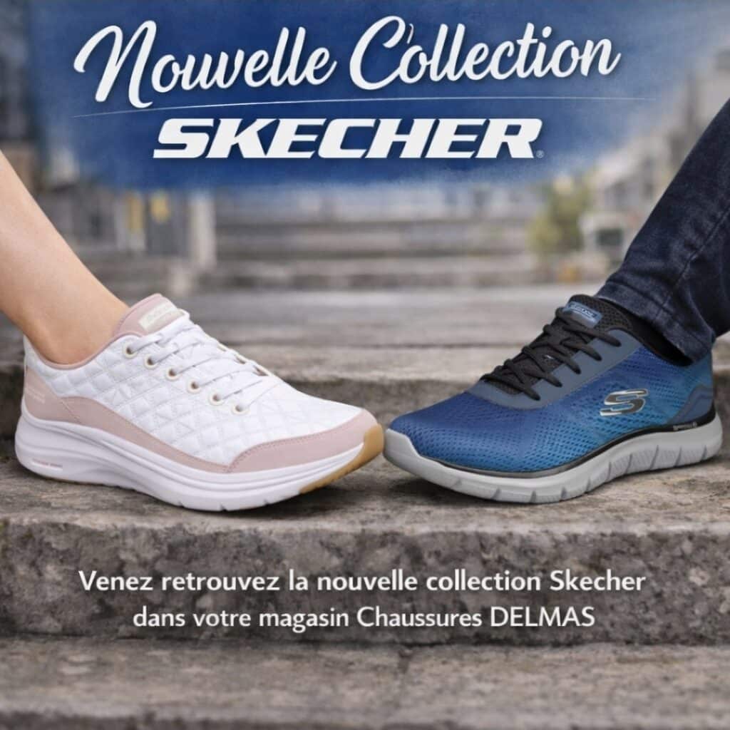 Nouvelle Collection Skecher chez Chaussures Delmas Nouvelle collection Skecher : baskets blanches et bleues portées sur des marches chez Chaussures Delmas.