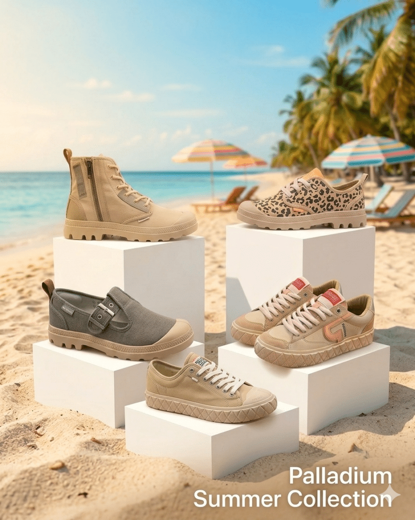 Collection d'été Palladium de chaussures et baskets sur des socles blancs sur une plage tropicale ensoleillée.