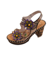 Sandale Laura Vita à fleurs violettes, motifs floraux colorés et talon haut pour un style bohème chic unique.
